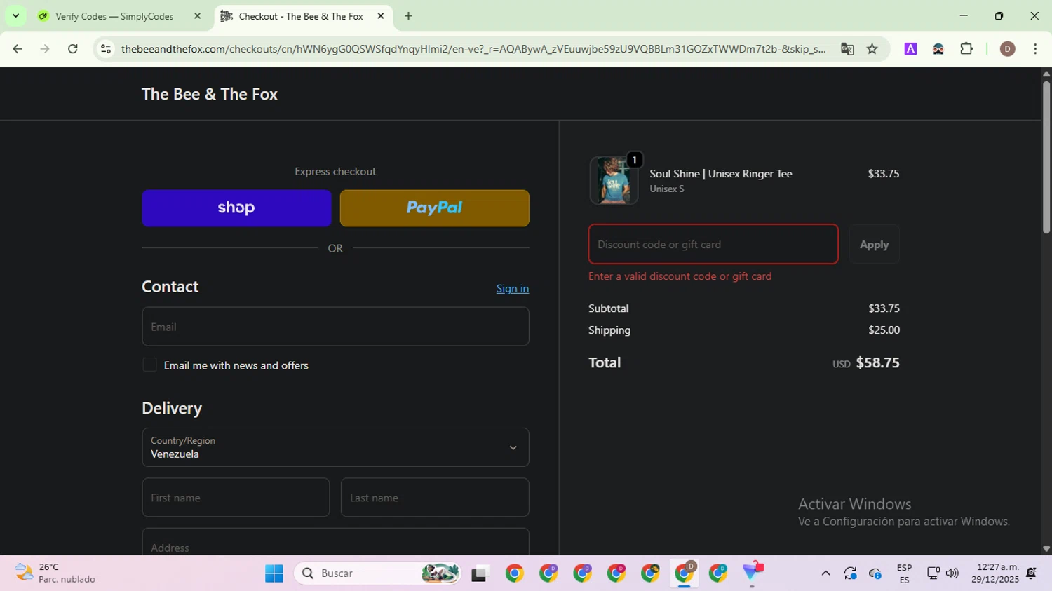The Bee & The Fox promo code screenshot showing code TBTF10 applied at The Bee & The Fox checkout page. Uploaded by SimplyCodes community member NobleWarden6764 on Dec 29, 2025