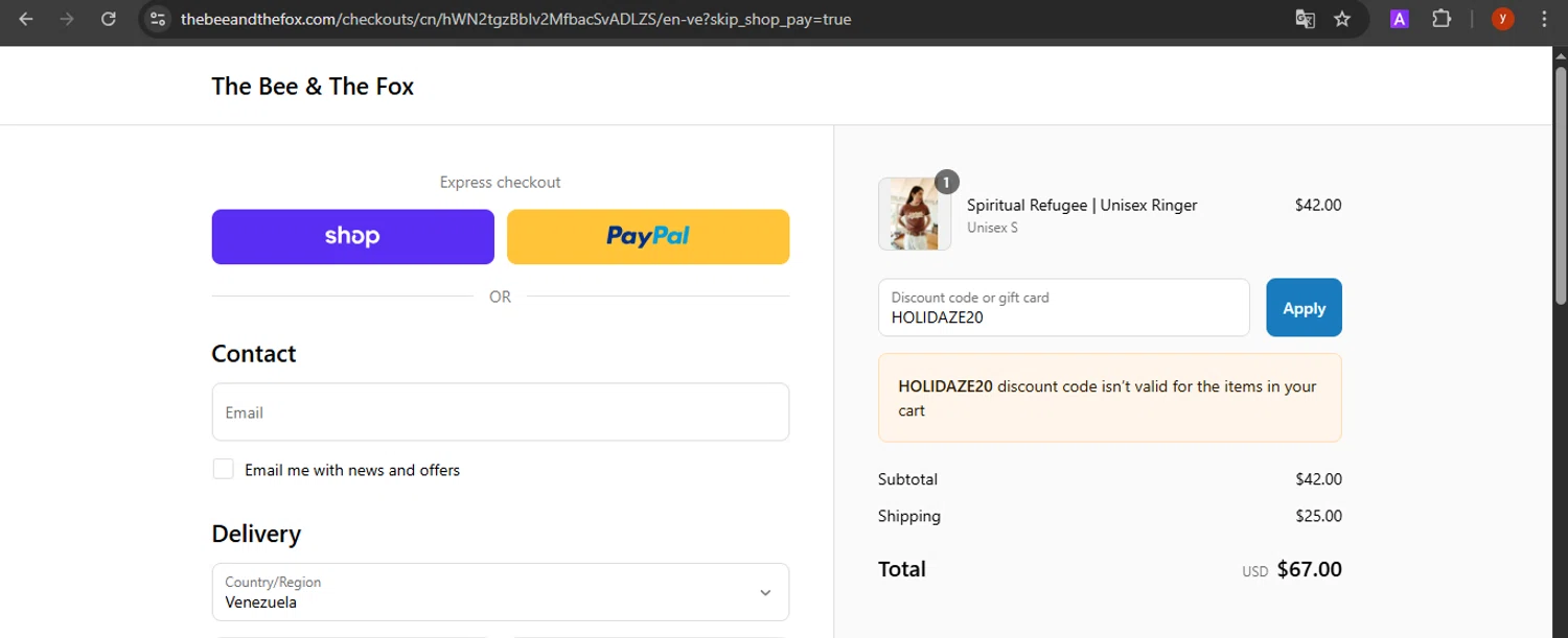The Bee & The Fox promo code screenshot showing code HOLIDAZE20 applied at The Bee & The Fox checkout page. Uploaded by SimplyCodes community member CrownTiger7501 on Sep 12, 2025