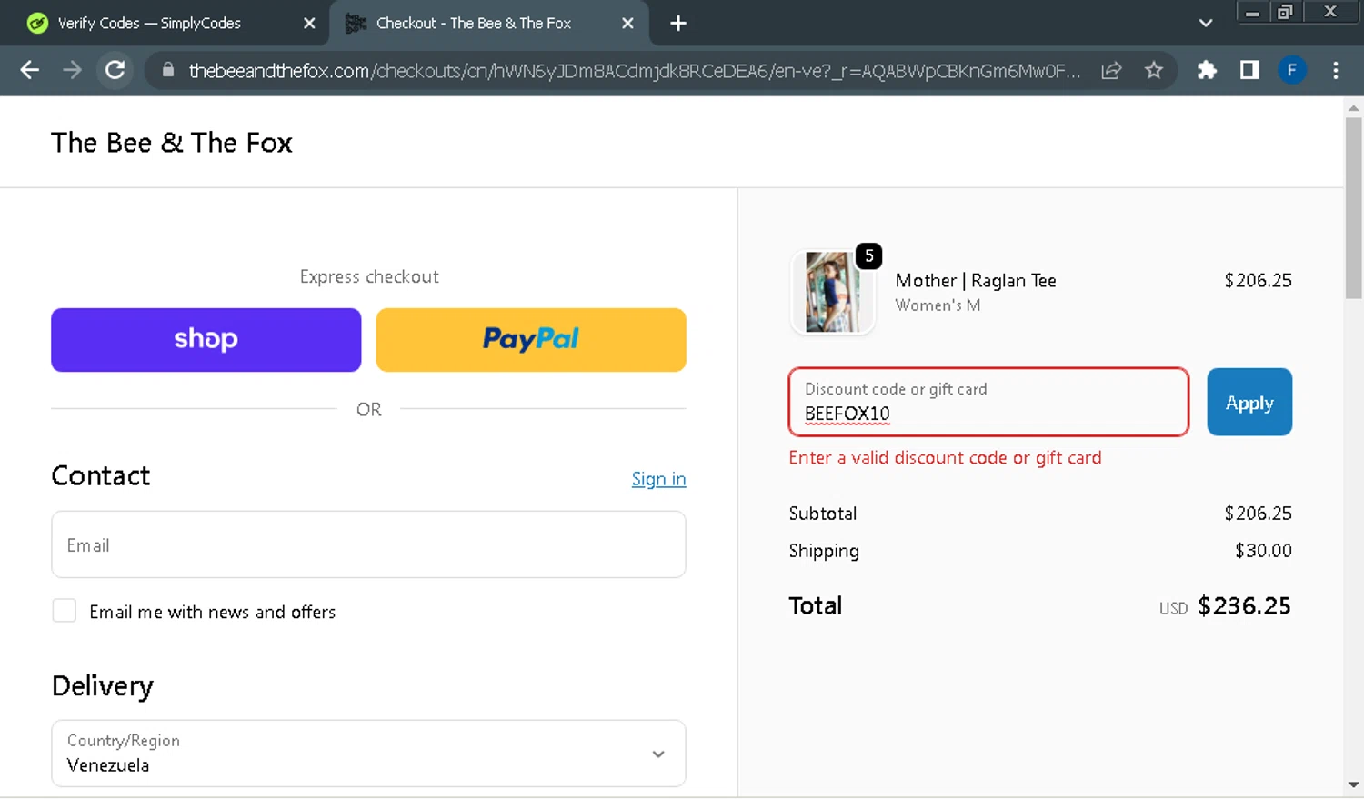 The Bee & The Fox promo code screenshot showing code BEEFOX10 applied at The Bee & The Fox checkout page. Uploaded by SimplyCodes community member Fraimer on Dec 29, 2025