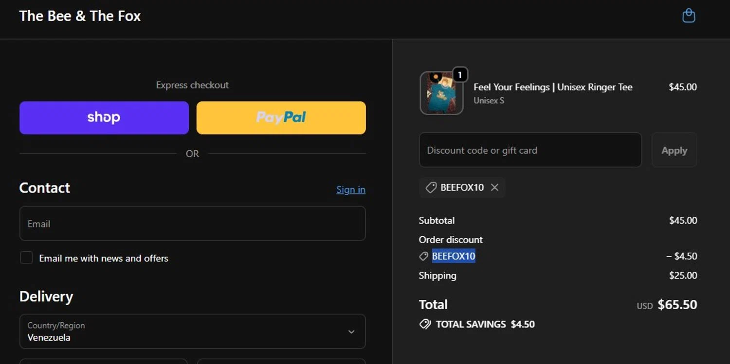 The Bee & The Fox promo code screenshot showing code BEEFOX10 applied at The Bee & The Fox checkout page. Uploaded by SimplyCodes community member josemiguelaponte on Jan 13, 2026