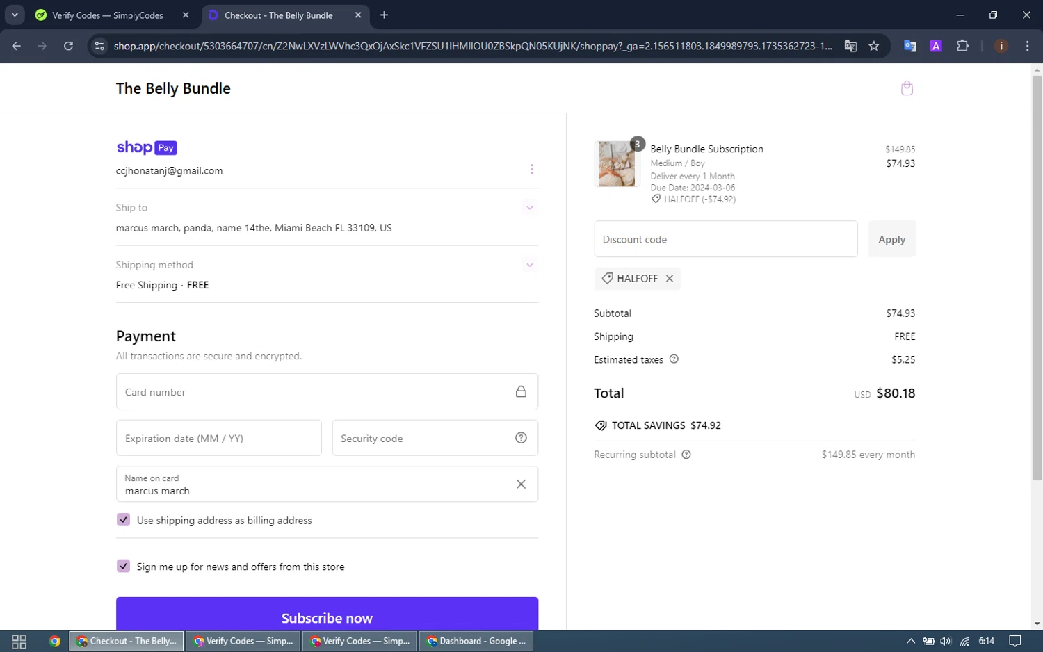 The Belly Boxes promo code screenshot showing code HALFOFF applied at The Belly Boxes checkout page. Uploaded by SimplyCodes community member SalePioneer1486 on Dec 28, 2024