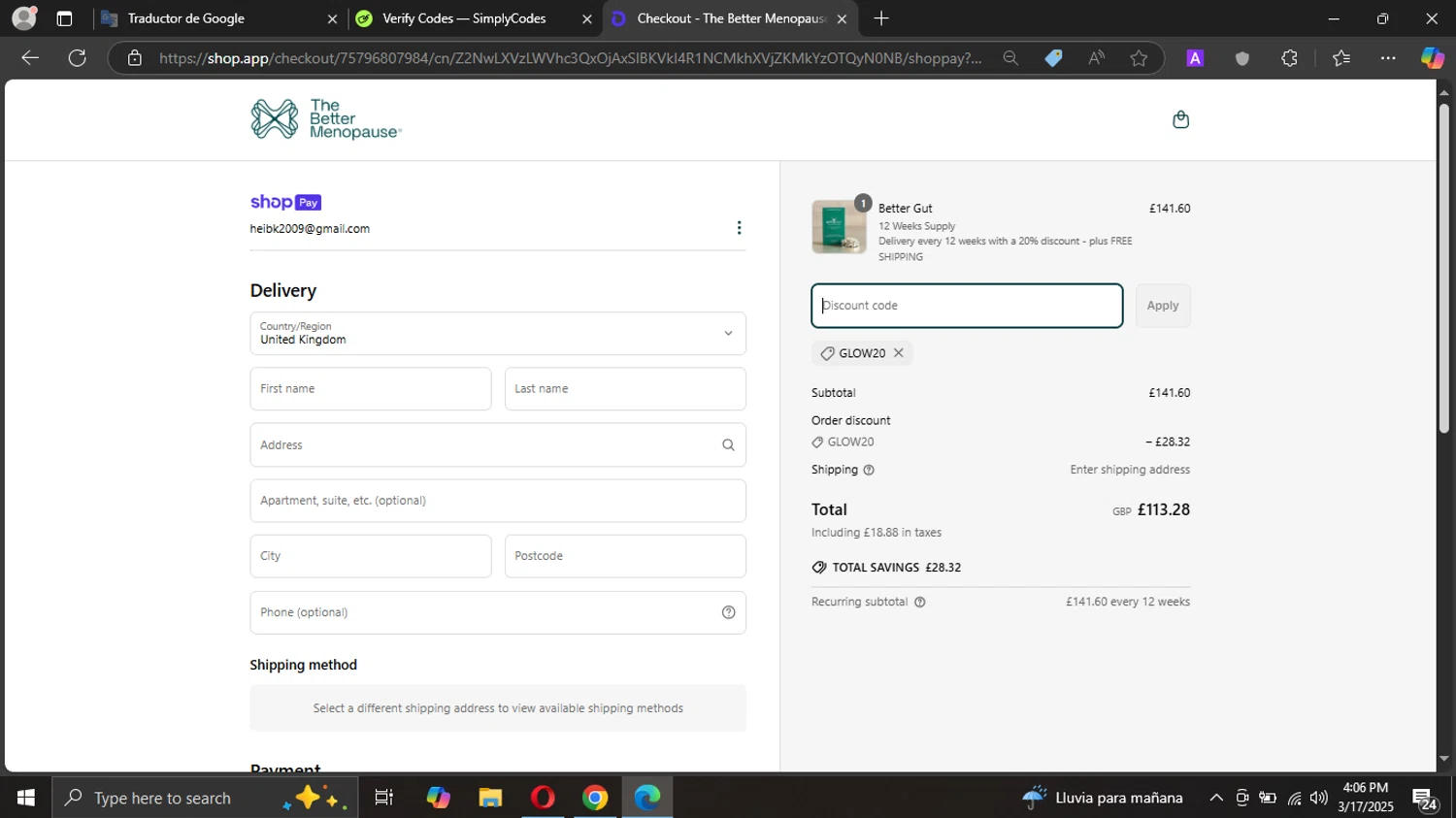 The Better Menopause promo code screenshot showing code GLOW20 applied at The Better Menopause checkout page. Uploaded by SimplyCodes community member Metal02Truck on Mar 17, 2025