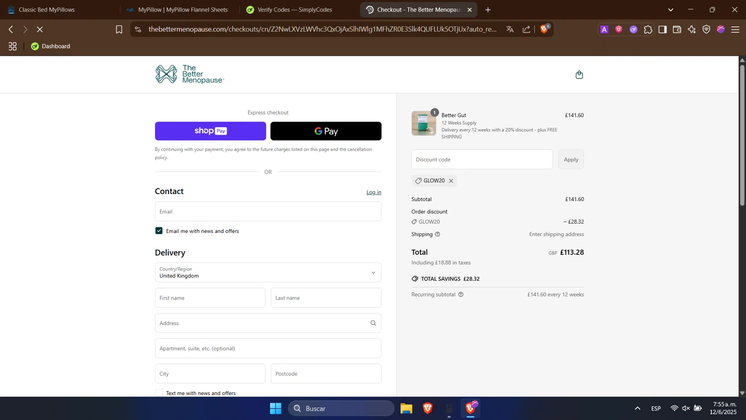The Better Menopause promo code screenshot showing code GLOW20 applied at The Better Menopause checkout page. Uploaded by SimplyCodes community member WonderHawk4190 on Jun 12, 2025