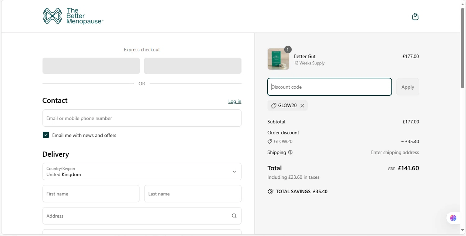 The Better Menopause promo code screenshot showing code GLOW20 applied at The Better Menopause checkout page. Uploaded by SimplyCodes community member MagnificentVirtuoso8433 on Apr 15, 2025