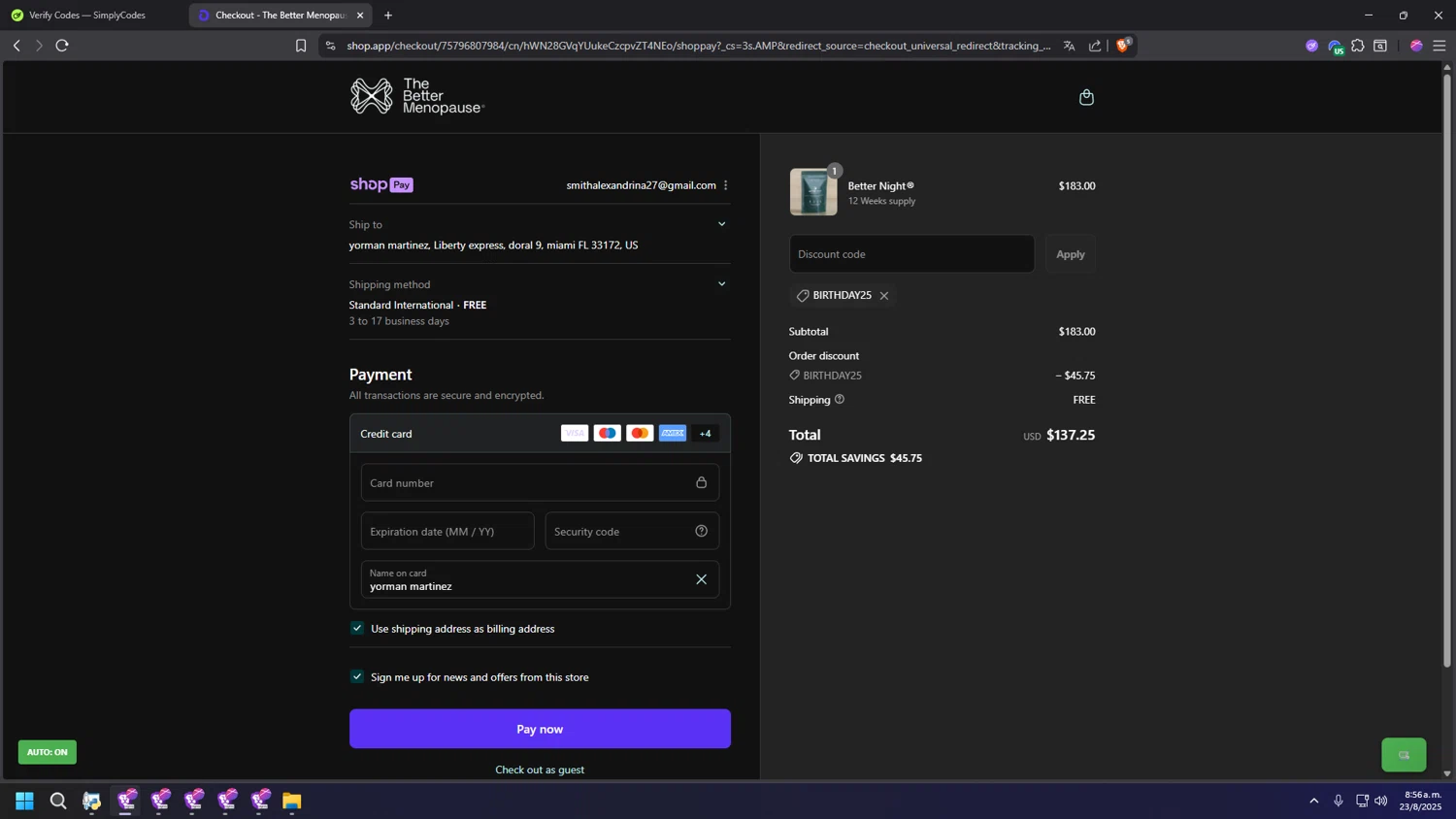 The Better Menopause promo code screenshot showing code BIRTHDAY25 applied at The Better Menopause checkout page. Uploaded by SimplyCodes community member INSECTOS on Aug 23, 2025