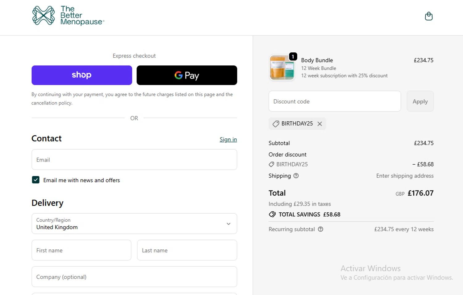 The Better Menopause promo code screenshot showing code BIRTHDAY25 applied at The Better Menopause checkout page. Uploaded by SimplyCodes community member Gary_23 on Oct 20, 2025