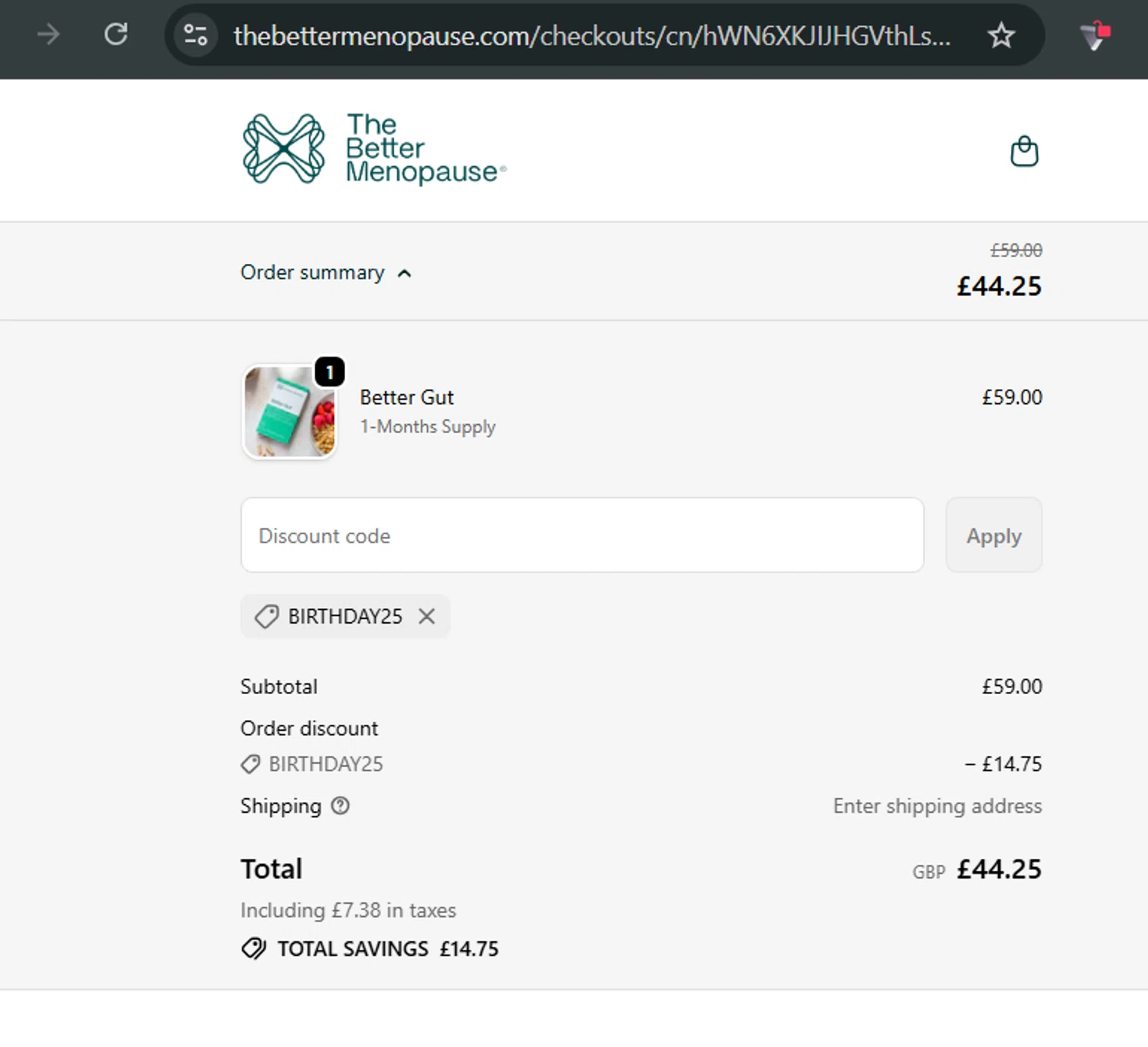 The Better Menopause promo code screenshot showing code BIRTHDAY25 applied at The Better Menopause checkout page. Uploaded by SimplyCodes community member LuisGaBa on Dec 17, 2025
