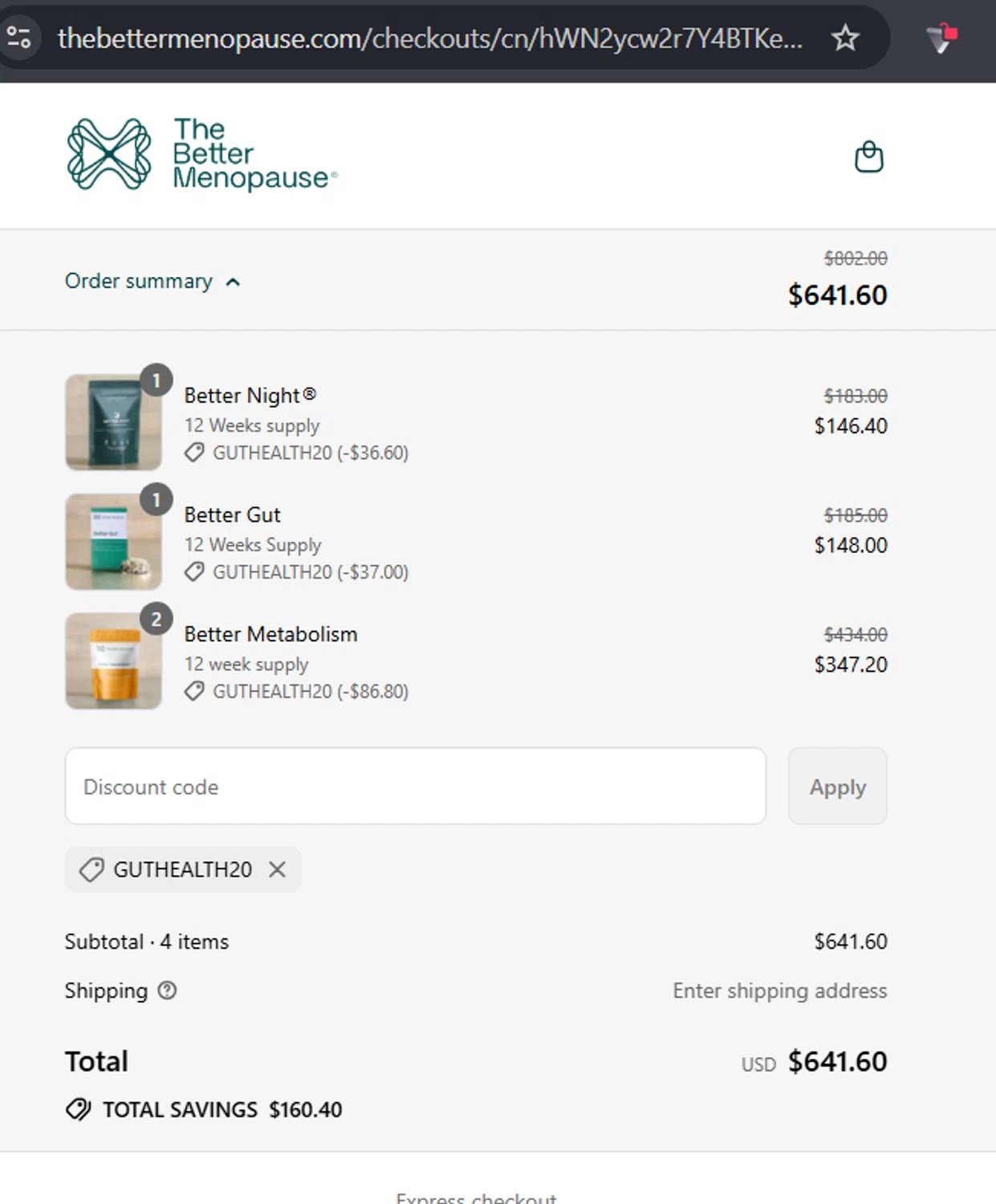 The Better Menopause promo code screenshot showing code GUTHEALTH20 applied at The Better Menopause checkout page. Uploaded by SimplyCodes community member RafaLB on Sep 14, 2025
