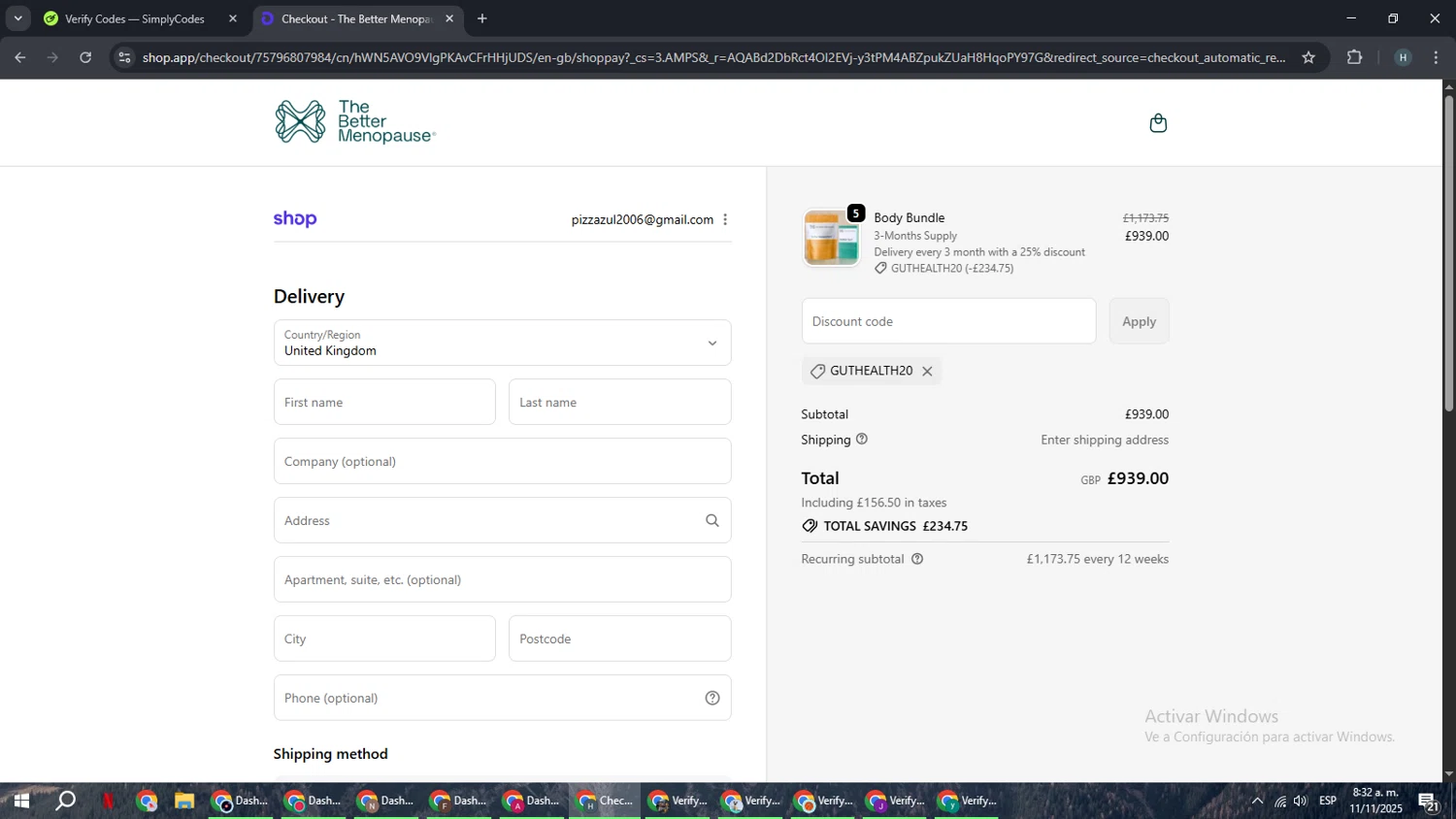 The Better Menopause promo code screenshot showing code GUTHEALTH20 applied at The Better Menopause checkout page. Uploaded by SimplyCodes community member YAMAHA on Nov 11, 2025
