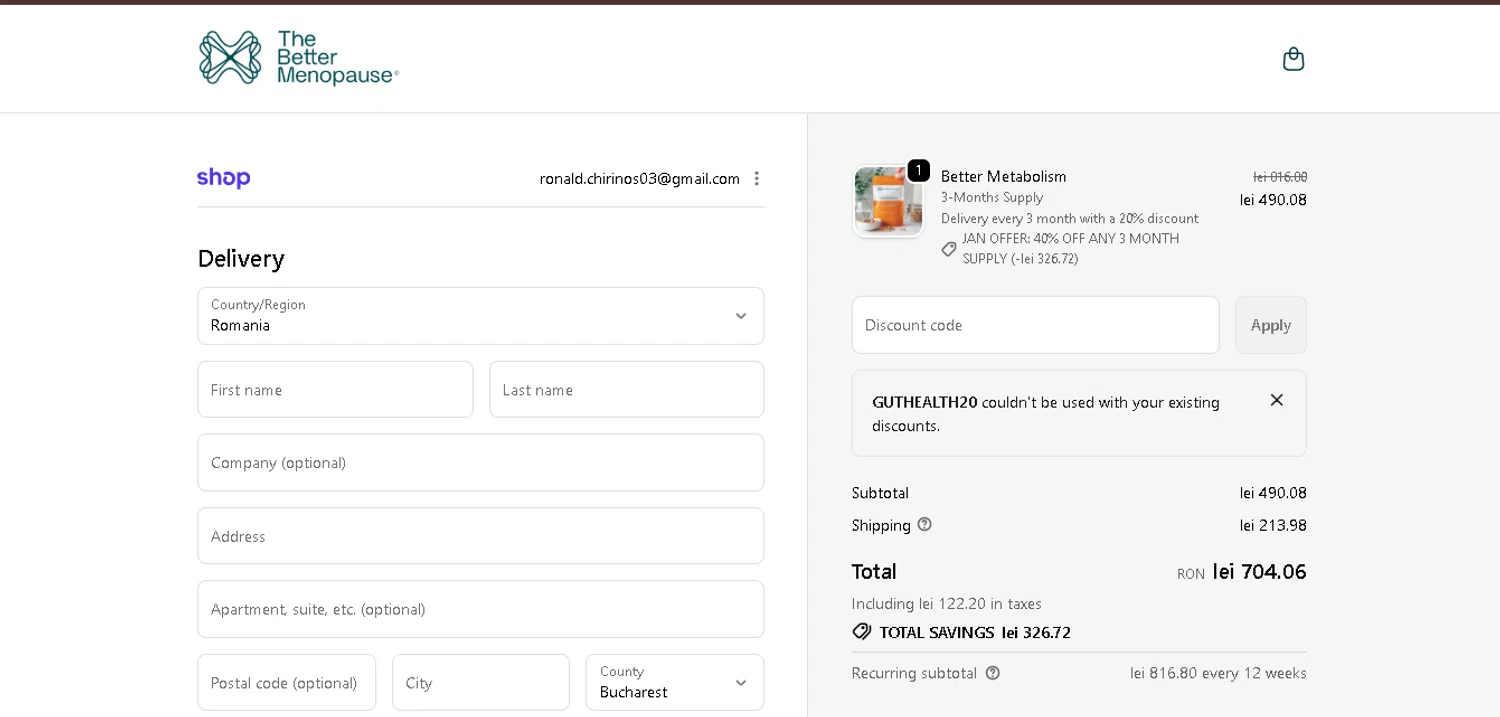 The Better Menopause checkout page showing The Better Menopause promo code box | Screenshot taken by SimplyCodes community member on Jan 8, 2026