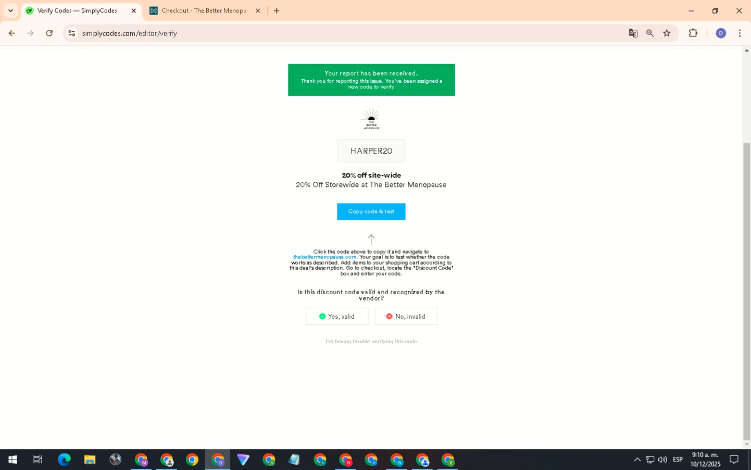 The Better Menopause promo code screenshot showing code HARPER20 applied at The Better Menopause checkout page. Uploaded by SimplyCodes community member PennyCurator6489 on Dec 10, 2025