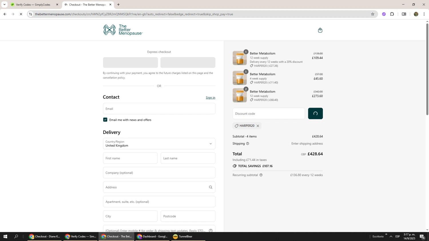 The Better Menopause promo code screenshot showing code HARPER20 applied at The Better Menopause checkout page. Uploaded by SimplyCodes community member Phoenix585 on Sep 14, 2025