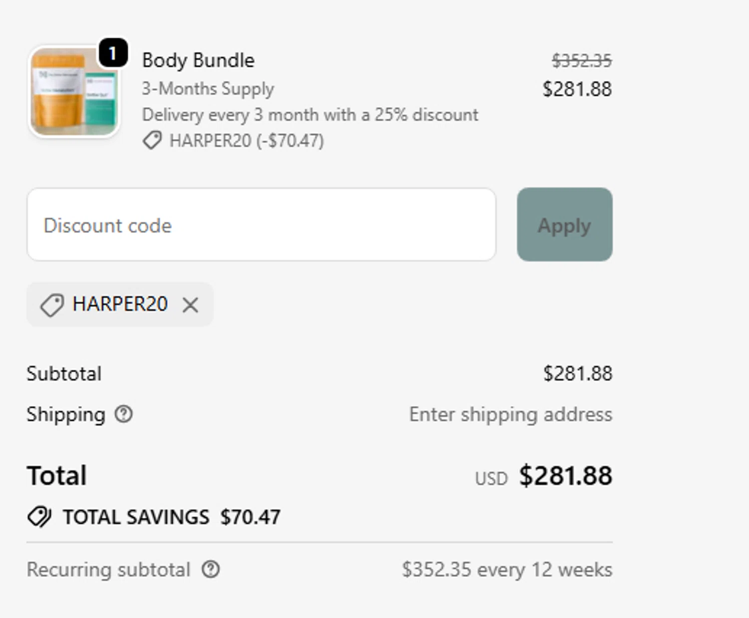 The Better Menopause promo code screenshot showing code HARPER20 applied at The Better Menopause checkout page. Uploaded by SimplyCodes community member mariosemeco on Nov 11, 2025