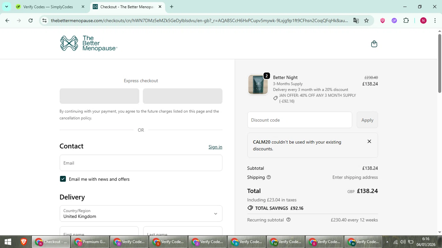 The Better Menopause checkout page showing The Better Menopause promo code box | Screenshot taken by SimplyCodes community member on Jan 4, 2026
