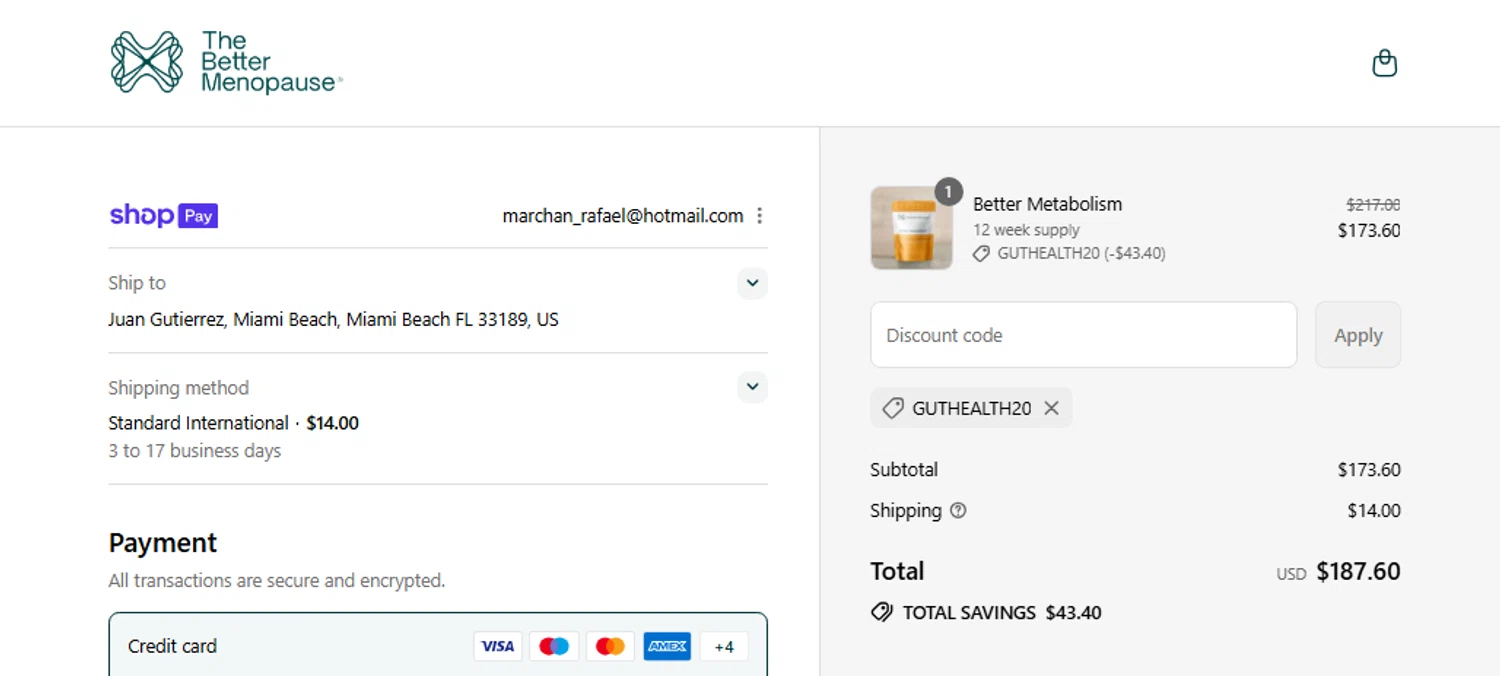 The Better Menopause promo code screenshot showing code GUTHEALTH20 applied at The Better Menopause checkout page. Uploaded by SimplyCodes community member THEPOWER on Aug 16, 2025