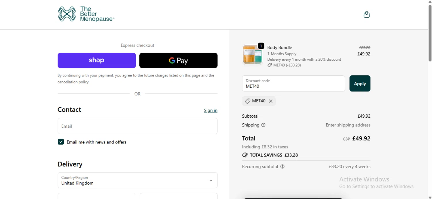 The Better Menopause promo code screenshot showing code MET40 applied at The Better Menopause checkout page. Uploaded by SimplyCodes community member anosesmith on Nov 14, 2025