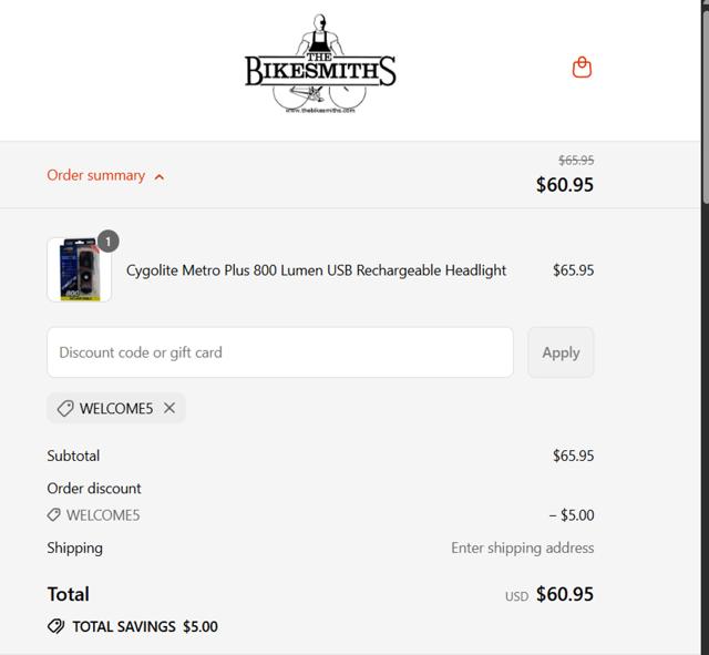 The Bikesmiths checkout page showing The Bikesmiths discount code box | Screenshot taken by SimplyCodes community member on Sep 1, 2025