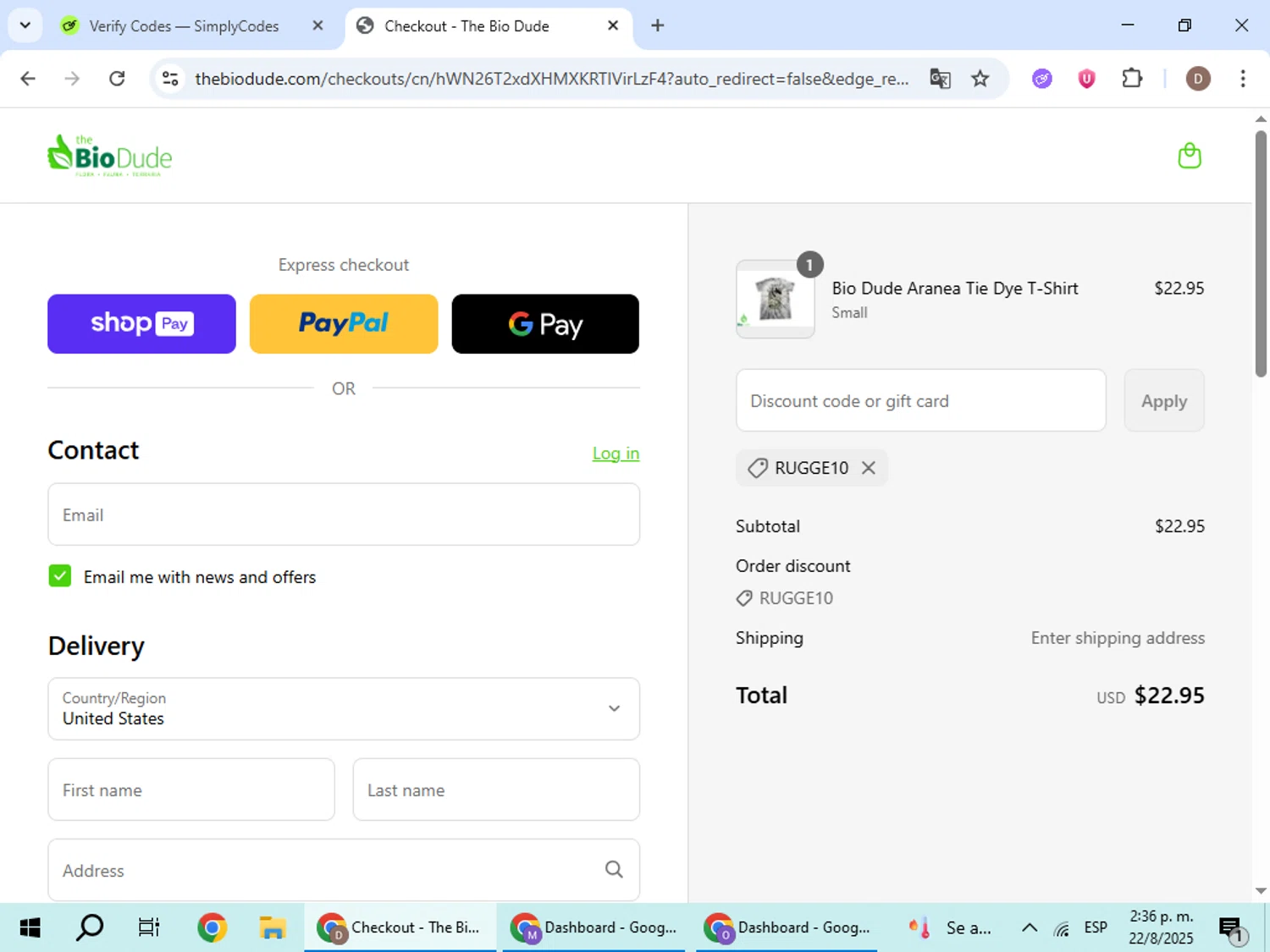 The Bio Dude promo code screenshot showing code RUGGE10 applied at The Bio Dude checkout page. Uploaded by SimplyCodes community member BrilliantWizard8884 on Aug 22, 2025