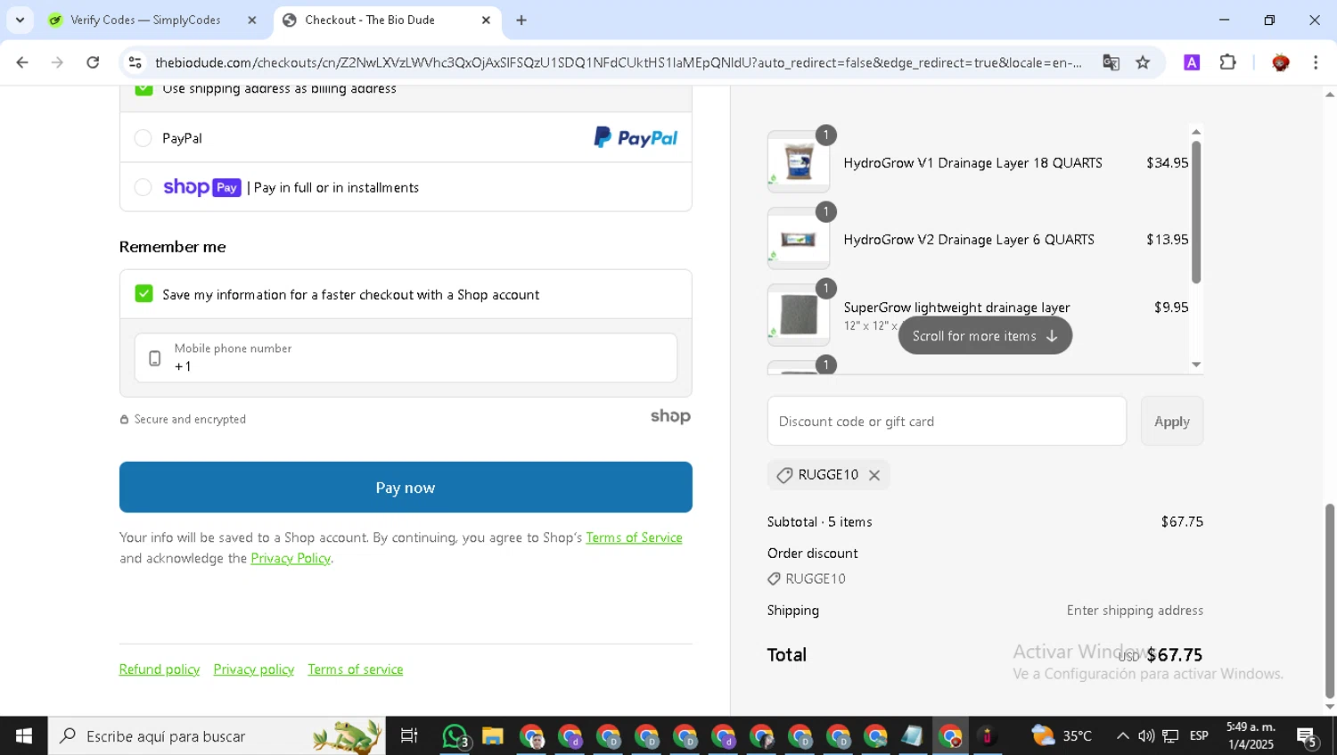 The Bio Dude promo code screenshot showing code RUGGE10 applied at The Bio Dude checkout page. Uploaded by SimplyCodes community member BonusVoyager7570 on Apr 1, 2025