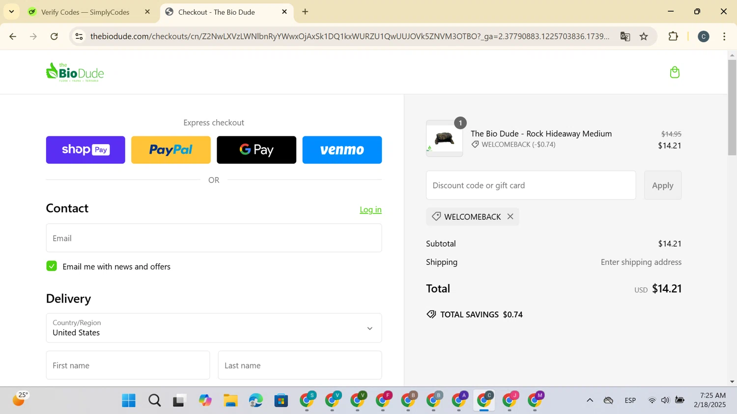The Bio Dude promo code screenshot showing code WELCOMEBACK applied at The Bio Dude checkout page. Uploaded by SimplyCodes community member SaleVirtuoso3791 on Feb 18, 2025