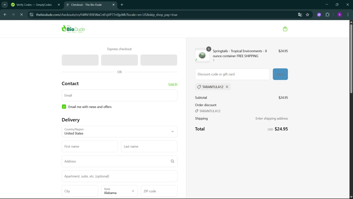 The Bio Dude promo code screenshot showing code TARANTULA12 applied at The Bio Dude checkout page. Uploaded by SimplyCodes community member RoyalSleuth2430 on Aug 5, 2025