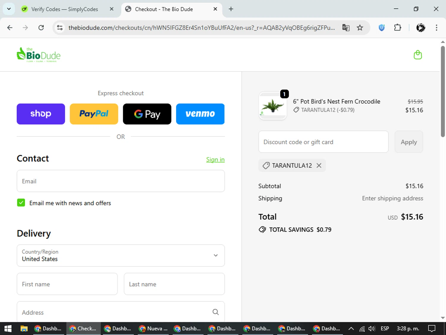 The Bio Dude promo code screenshot showing code TARANTULA12 applied at The Bio Dude checkout page. Uploaded by SimplyCodes community member SavvyChaser6563 on Nov 14, 2025