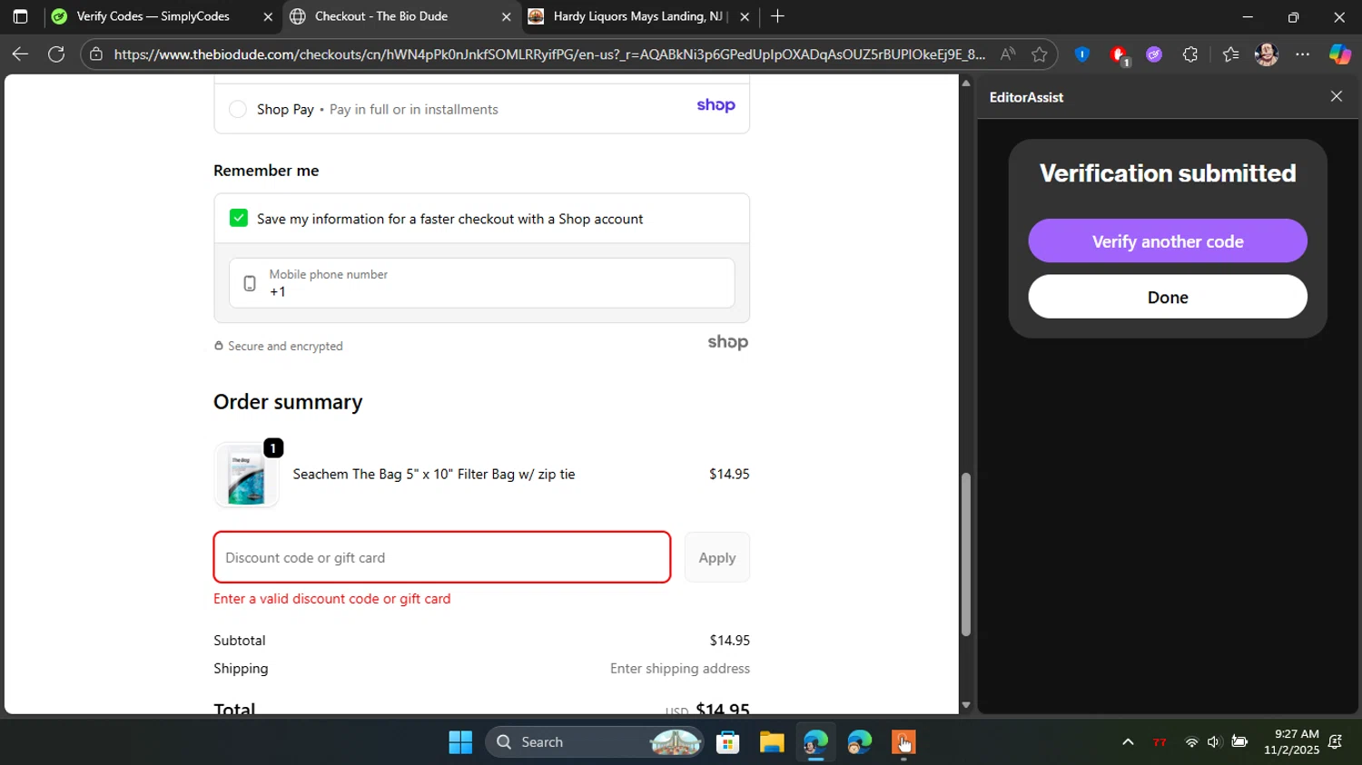 The Bio Dude promo code screenshot showing code KAGES60OFF applied at The Bio Dude checkout page. Uploaded by SimplyCodes community member Blackleg_Sanji on Nov 2, 2025