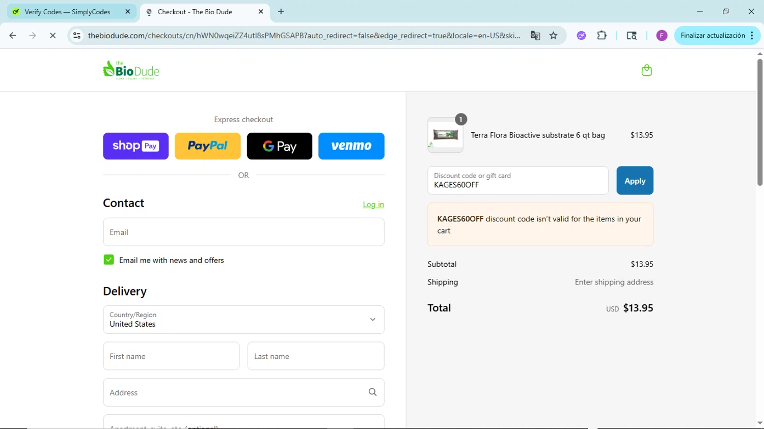 The Bio Dude promo code screenshot showing code KAGES60OFF applied at The Bio Dude checkout page. Uploaded by SimplyCodes community member ShieldTitan6985 on Jul 23, 2025