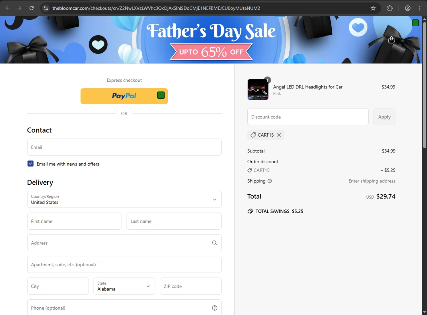 TheBloomCar promo code screenshot showing code Cart15 applied at TheBloomCar checkout page. Uploaded by SimplyCodes community member megagei on Jun 12, 2025