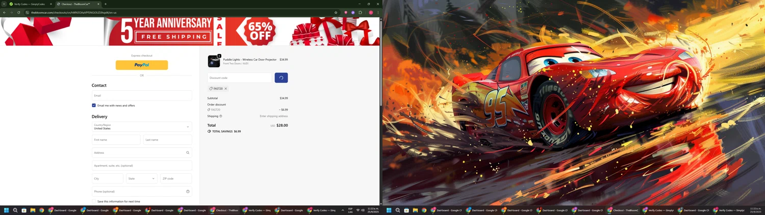TheBloomCar promo code screenshot showing code FAST20 applied at TheBloomCar checkout page. Uploaded by SimplyCodes community member CouponSage7331 on Sep 25, 2025