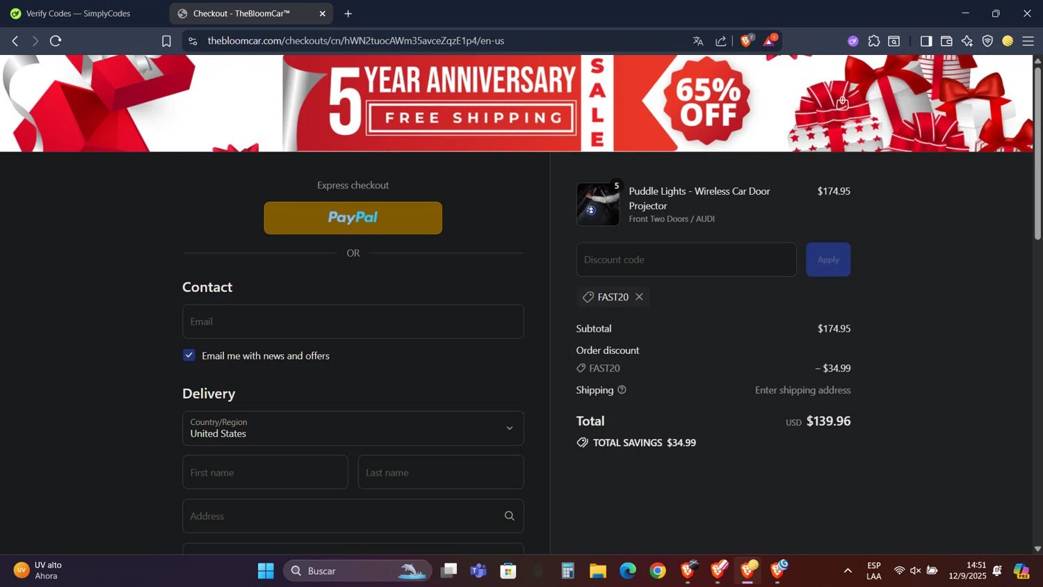 TheBloomCar promo code screenshot showing code FAST20 applied at TheBloomCar checkout page. Uploaded by SimplyCodes community member PennyScholar593 on Sep 12, 2025