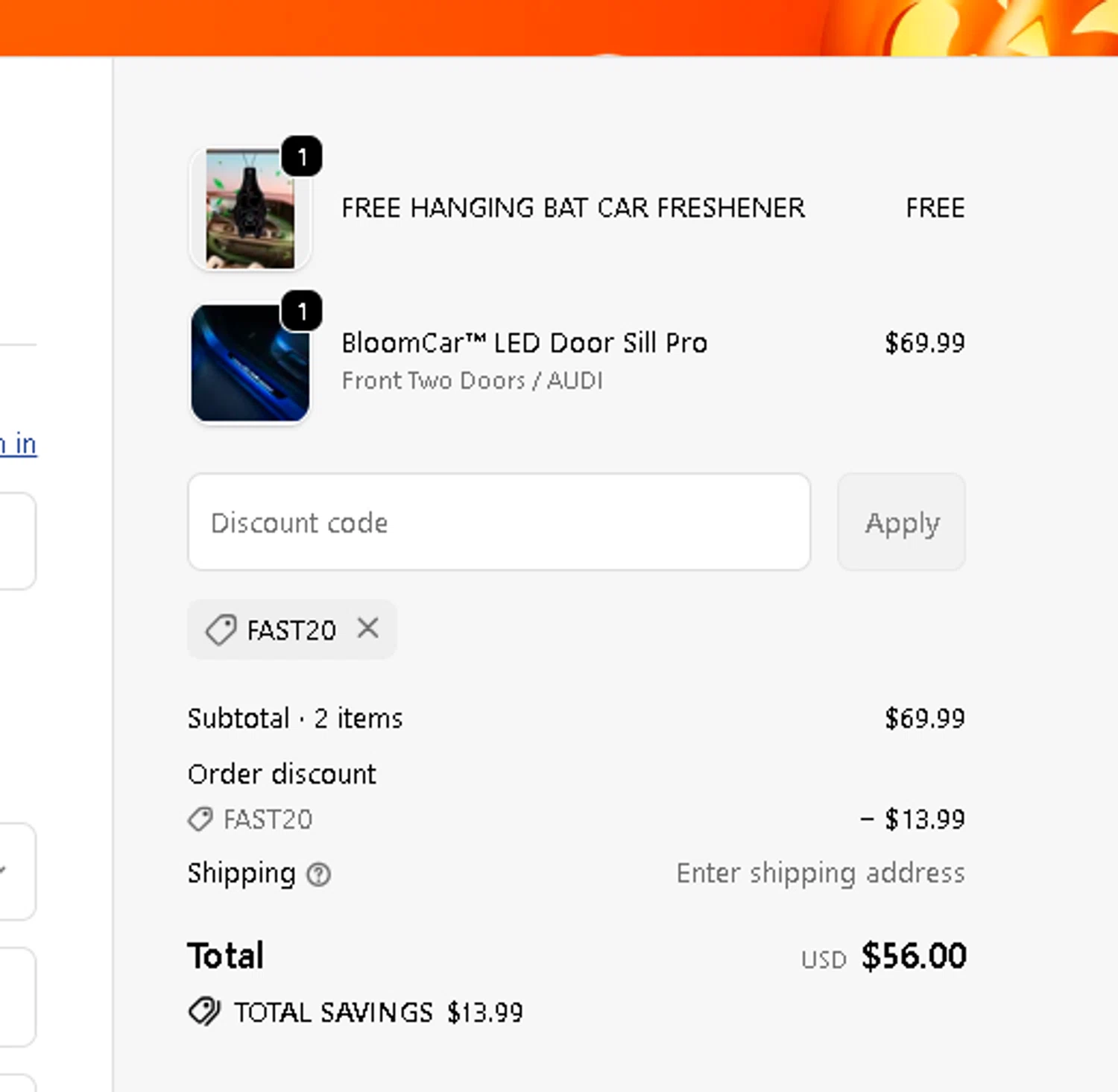 TheBloomCar promo code screenshot showing code FAST20 applied at TheBloomCar checkout page. Uploaded by SimplyCodes community member pkwhite on Oct 28, 2025