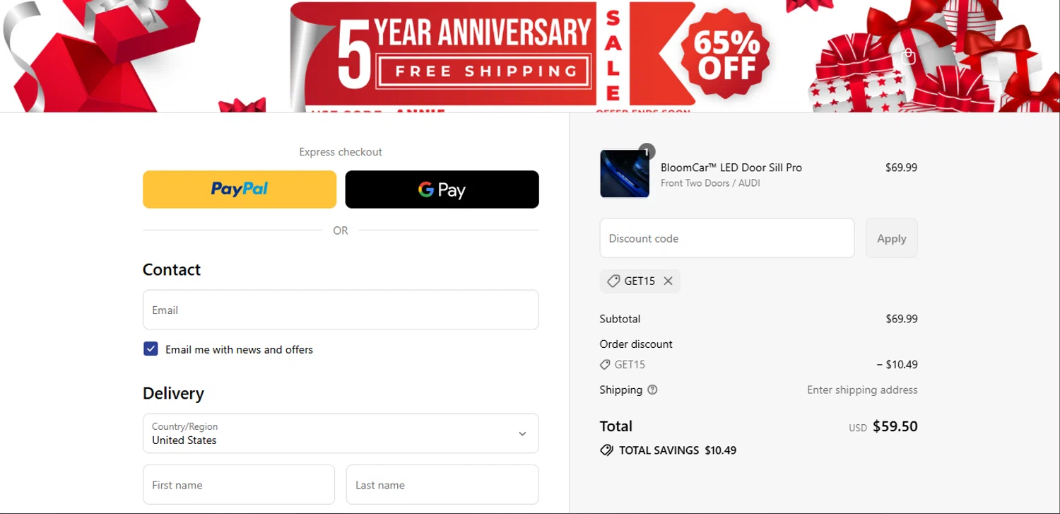 TheBloomCar promo code screenshot showing code GET15 applied at TheBloomCar checkout page. Uploaded by SimplyCodes community member BaelorTargaryen on Aug 27, 2025