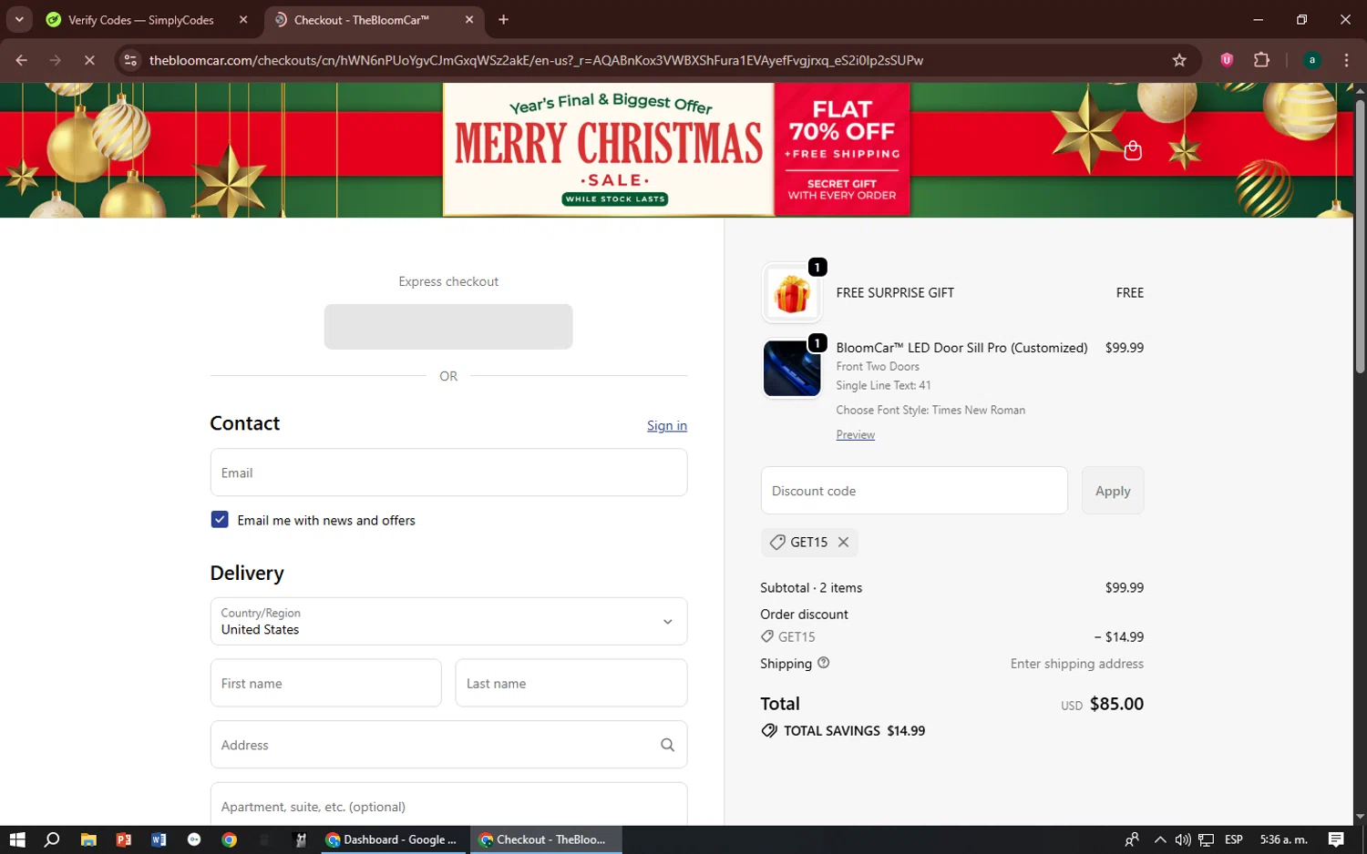 TheBloomCar promo code screenshot showing code GET15 applied at TheBloomCar checkout page. Uploaded by SimplyCodes community member zizu55 on Dec 24, 2025