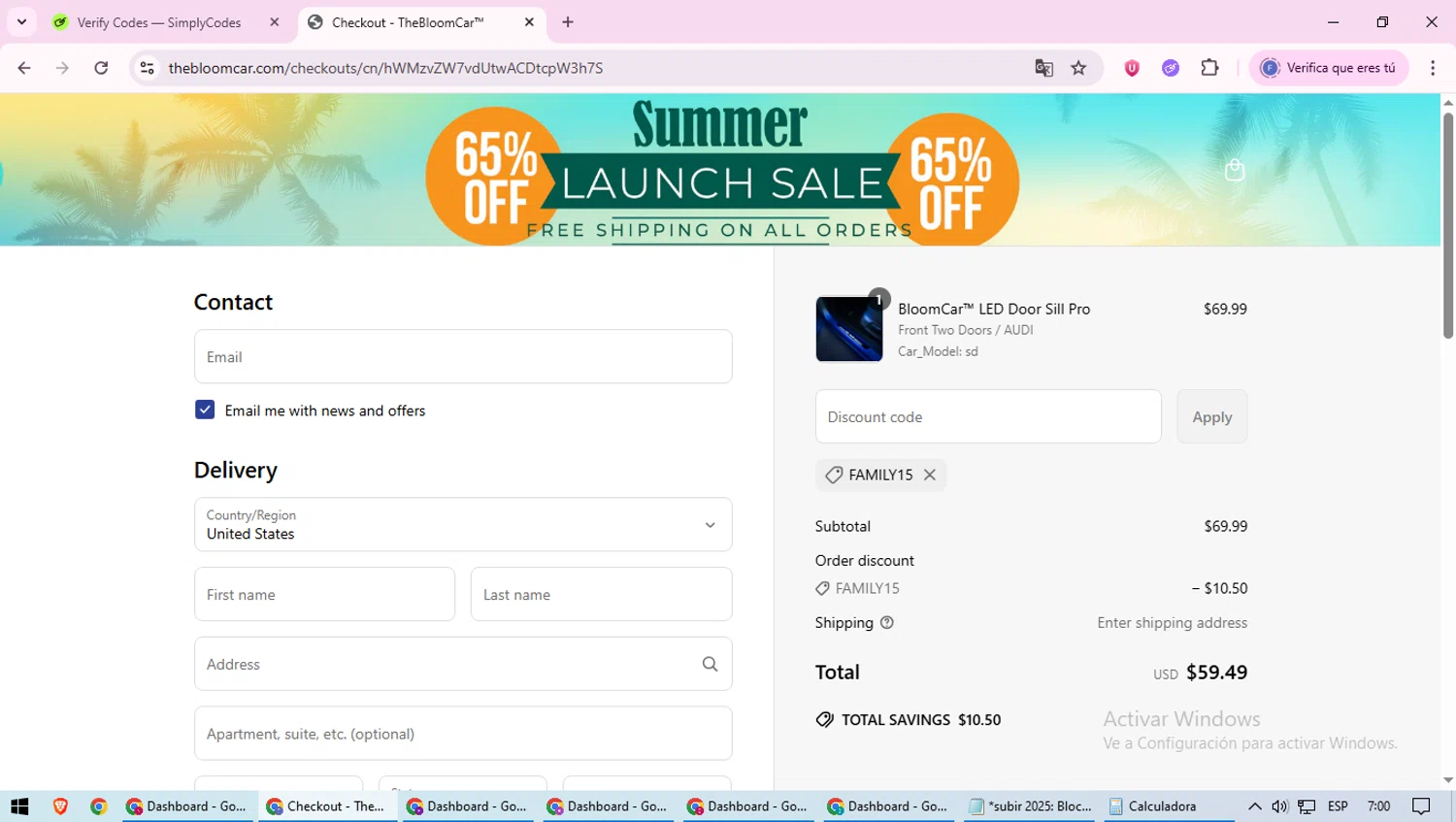 TheBloomCar promo code screenshot showing code Family15 applied at TheBloomCar checkout page. Uploaded by SimplyCodes community member loversuper on Jun 26, 2025