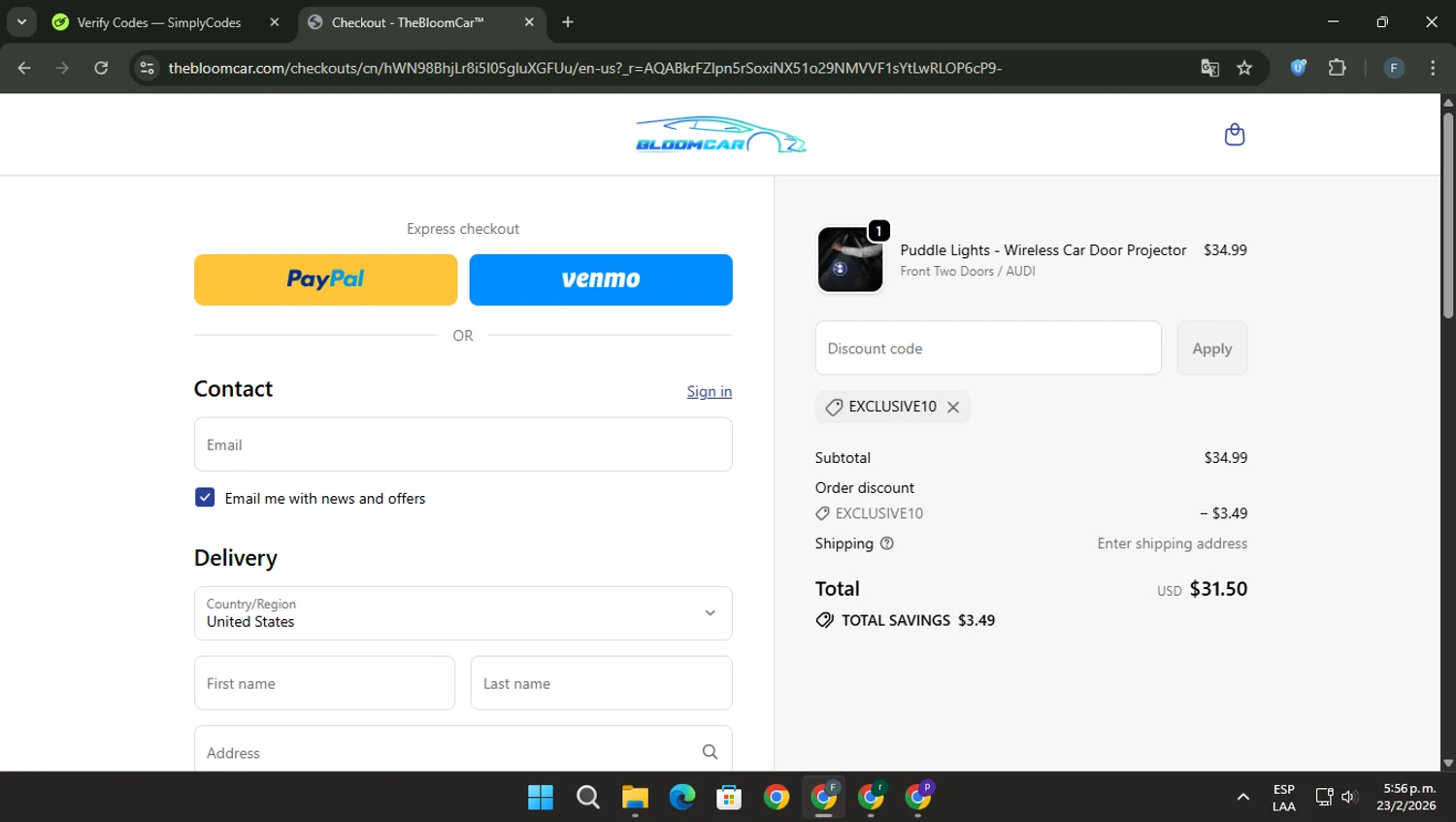 TheBloomCar checkout page showing TheBloomCar promo code box | Screenshot taken by SimplyCodes community member on Feb 23, 2026