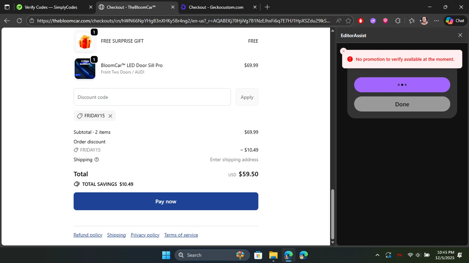 TheBloomCar promo code screenshot showing code FRIDAY15 applied at TheBloomCar checkout page. Uploaded by SimplyCodes community member Blackleg_Sanji on Dec 6, 2025