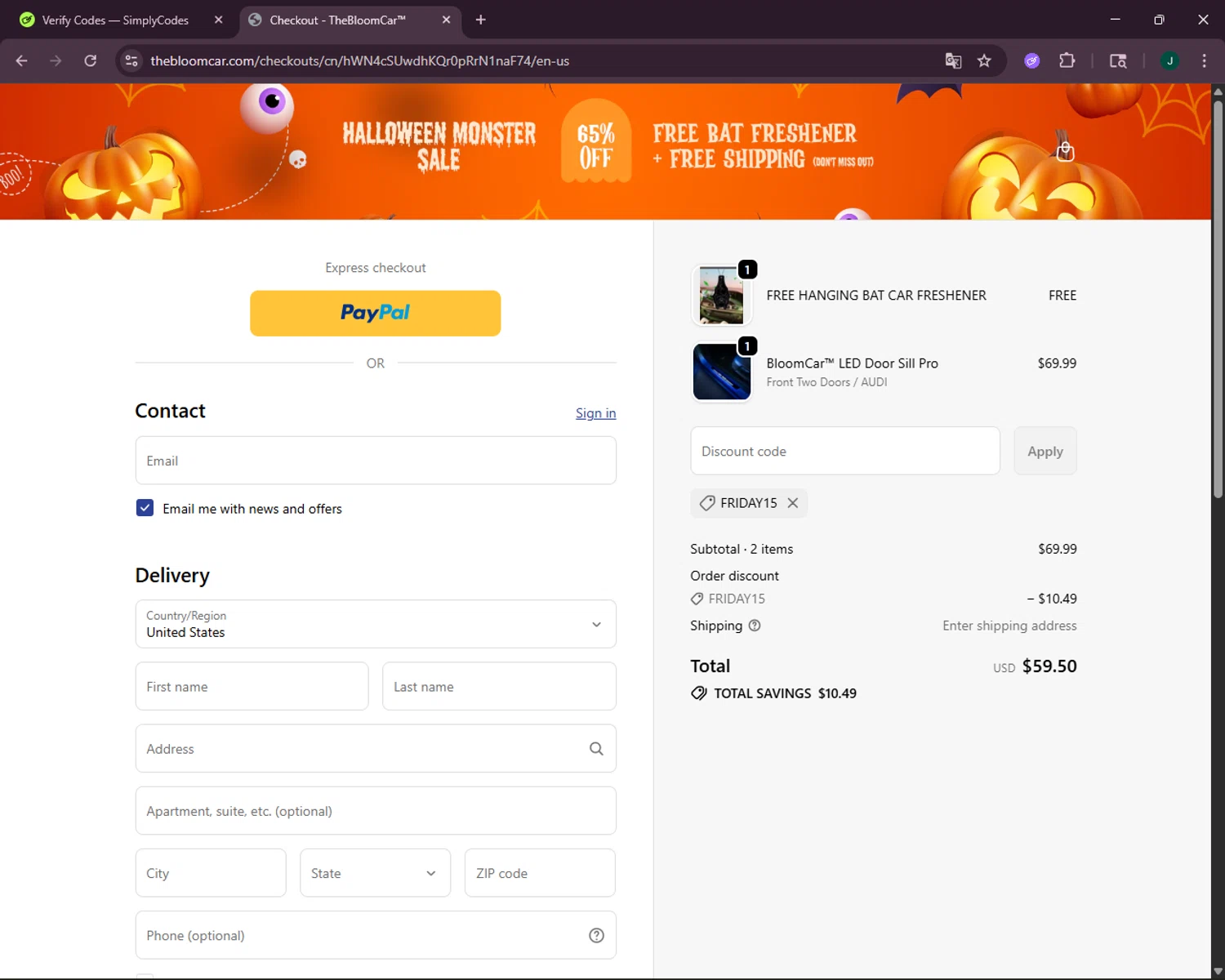 TheBloomCar promo code screenshot showing code FRIDAY15 applied at TheBloomCar checkout page. Uploaded by SimplyCodes community member VictoriousOwl2774 on Oct 28, 2025