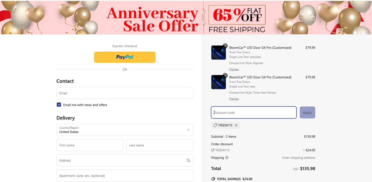 TheBloomCar promo code screenshot showing code FRIDAY15 applied at TheBloomCar checkout page. Uploaded by SimplyCodes community member BrillianteMaestro892 on Apr 20, 2025