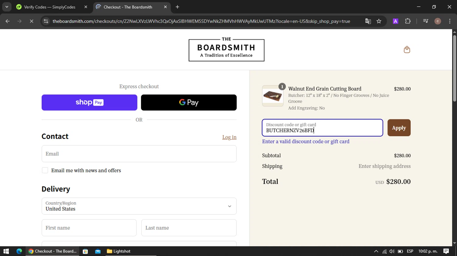 The Boardsmith discount code screenshot showing code BUTCHERNZV26BFD applied at The Boardsmith checkout page. Uploaded by SimplyCodes community member VoucherRanger901 on Mar 17, 2025