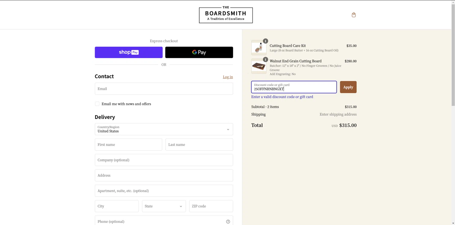 The Boardsmith discount code screenshot showing code 25OFFNRNBNGXT applied at The Boardsmith checkout page. Uploaded by SimplyCodes community member BudgetSage1378 on Feb 6, 2025