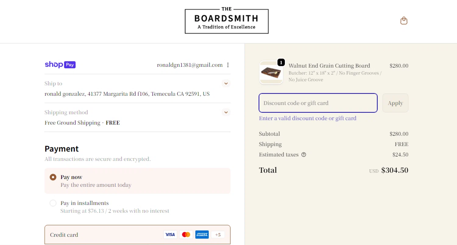 The Boardsmith discount code screenshot showing code 25OFFNRNBNGXT applied at The Boardsmith checkout page. Uploaded by SimplyCodes community member Yuskeilyn20 on Jan 9, 2026