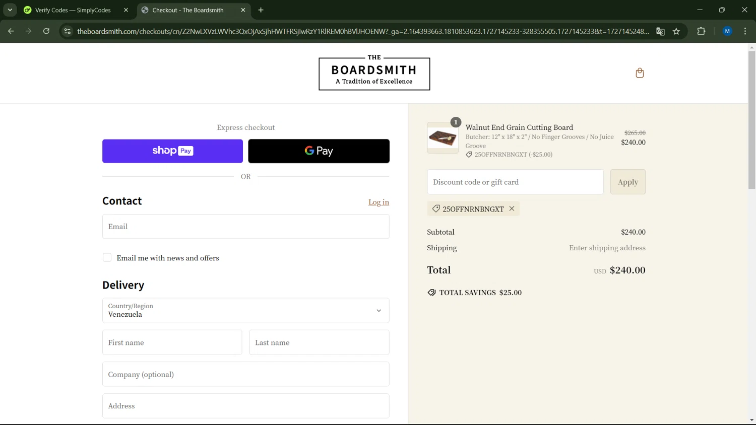 The Boardsmith checkout page showing The Boardsmith discount code box | Screenshot taken by SimplyCodes community member on Sep 24, 2024