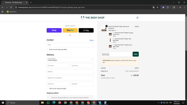 The Body Shop checkout page showing The Body Shop promo code box | Screenshot taken by SimplyCodes community member on Sep 20, 2025