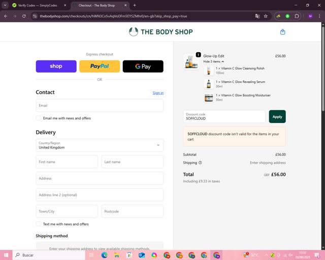 The Body Shop checkout page showing The Body Shop promo code box | Screenshot taken by SimplyCodes community member on Sep 20, 2025