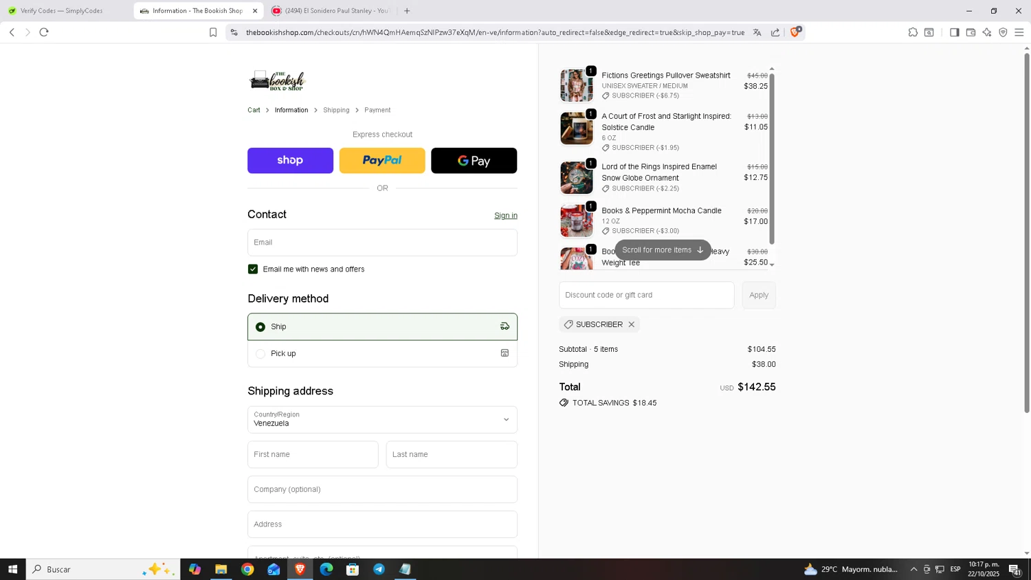 The Bookish Shop discount code screenshot showing code SUBSCRIBER applied at The Bookish Shop checkout page. Uploaded by SimplyCodes community member Carloscoder_900457733 on Oct 23, 2025