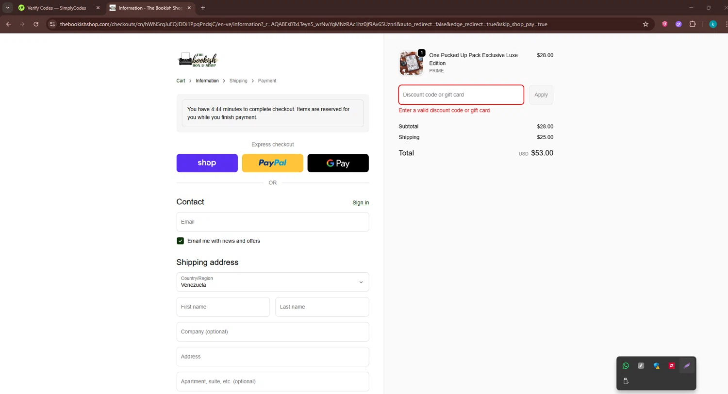 The Bookish Shop discount code screenshot showing code BOOKS applied at The Bookish Shop checkout page. Uploaded by SimplyCodes community member RewardKnight9989 on Nov 29, 2025