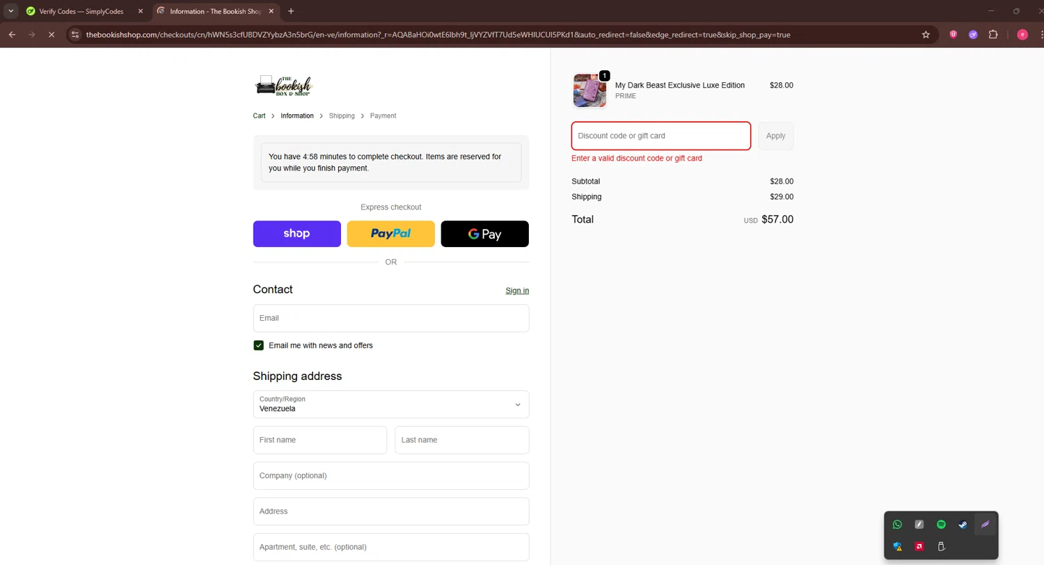 The Bookish Shop discount code screenshot showing code BOOKS applied at The Bookish Shop checkout page. Uploaded by SimplyCodes community member TreasureWarden457 on Nov 30, 2025