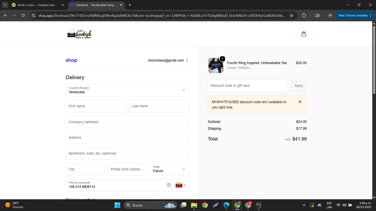 The Bookish Shop discount code screenshot showing code MY5HVTFJU3EE applied at The Bookish Shop checkout page. Uploaded by SimplyCodes community member DTBERA2024 on Dec 26, 2025