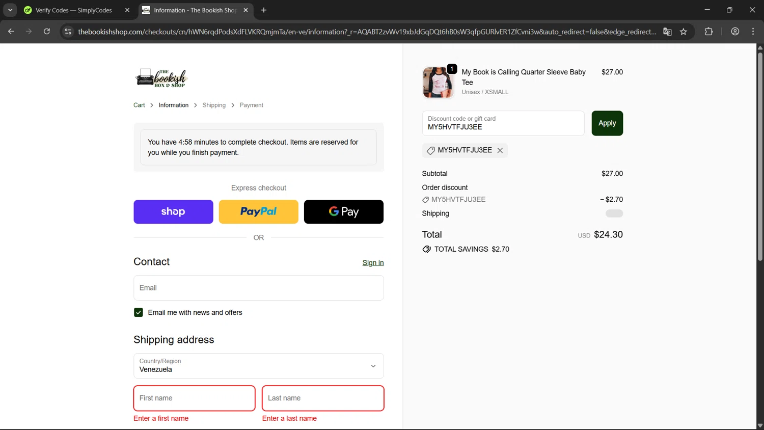 The Bookish Shop discount code screenshot showing code MY5HVTFJU3EE applied at The Bookish Shop checkout page. Uploaded by SimplyCodes community member ExtraordinaryWhiz4519 on Dec 26, 2025